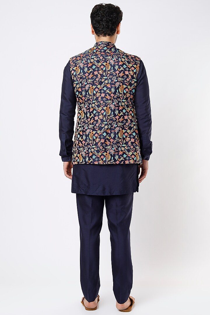 Midnight Blue Cotton Silk Kurta Set With Bundi Jacket by Qbik Men at Pernia's Pop Up Shop