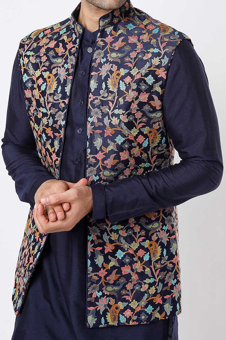 Midnight Blue Cotton Silk Kurta Set With Bundi Jacket by Qbik Men at Pernia's Pop Up Shop