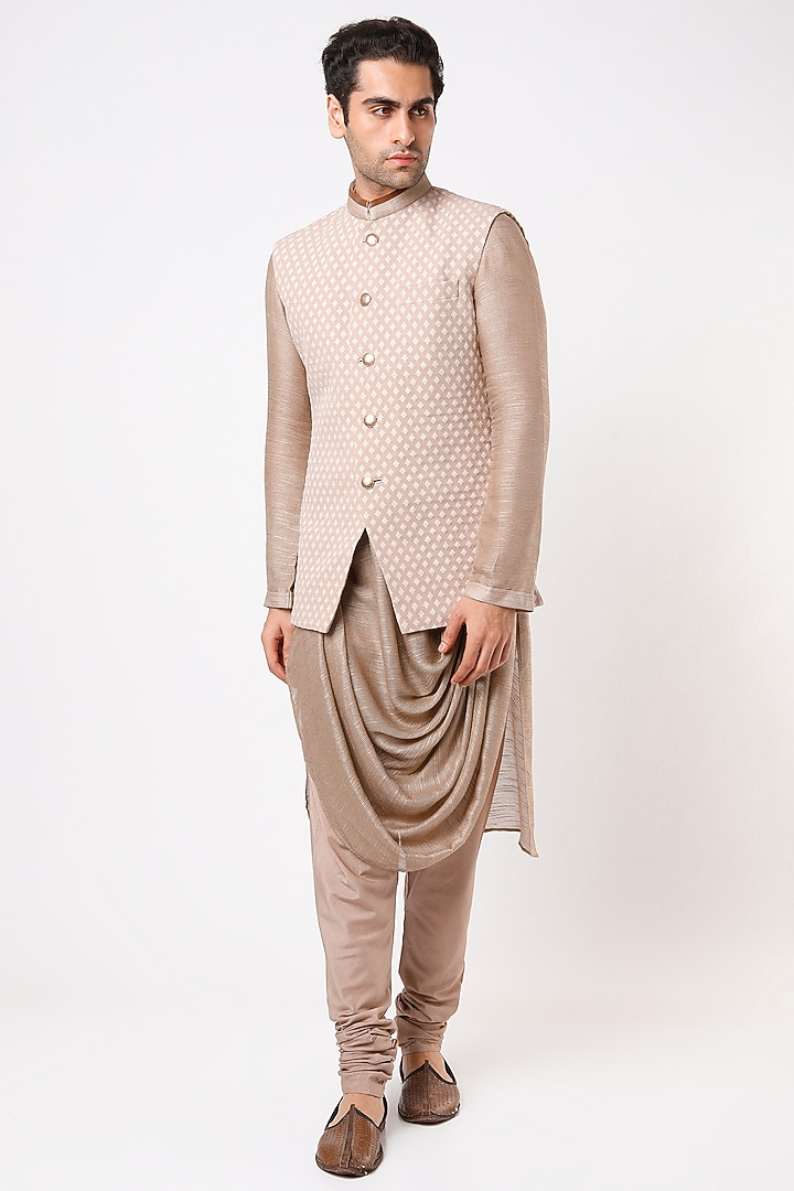 Beige Cowl Kurta Set With Bundi Jacket by Qbik Men at Pernia's Pop Up Shop