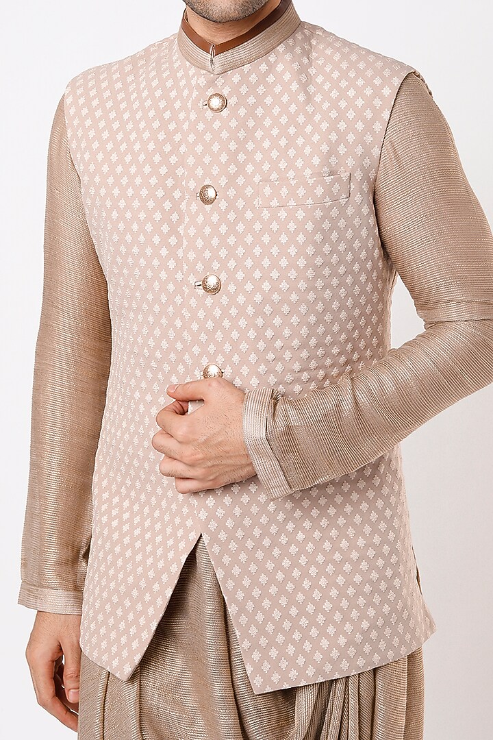 Beige Cowl Kurta Set With Bundi Jacket by Qbik Men at Pernia's Pop Up Shop