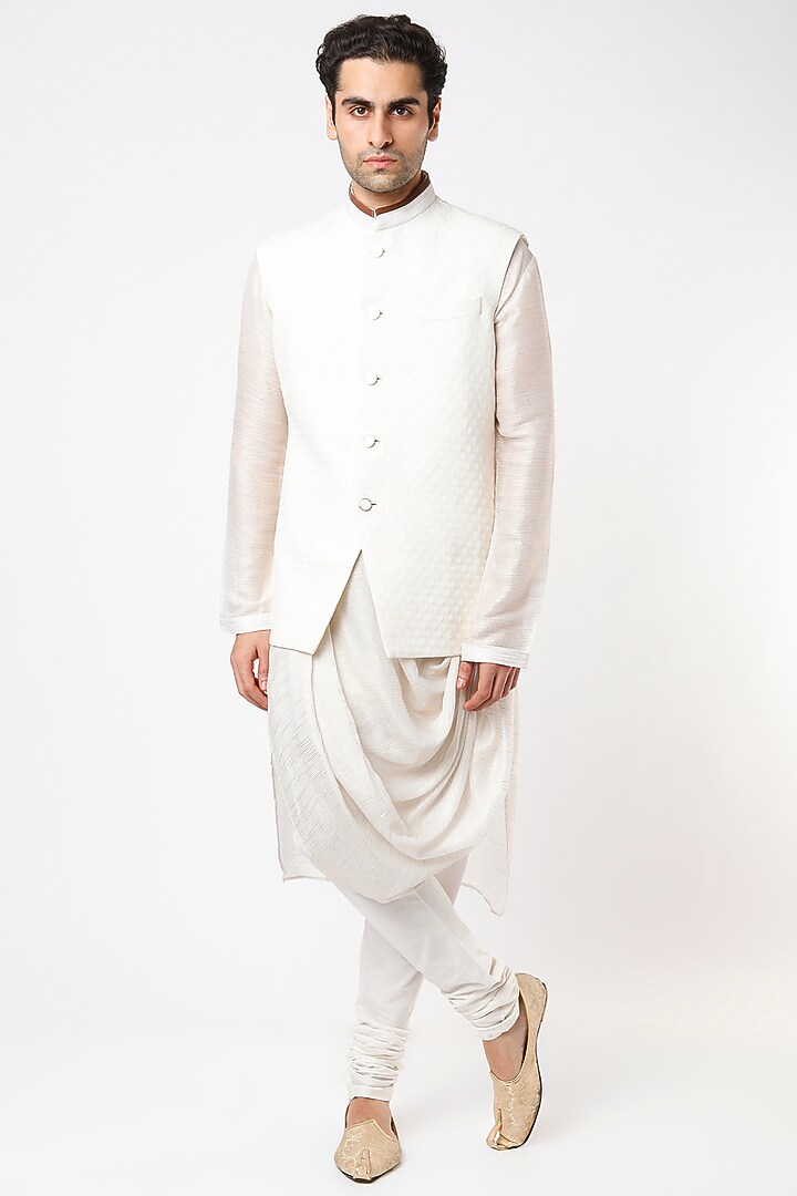 White Cowl Kurta Set With Bundi Jacket by Qbik Men at Pernia's Pop Up Shop