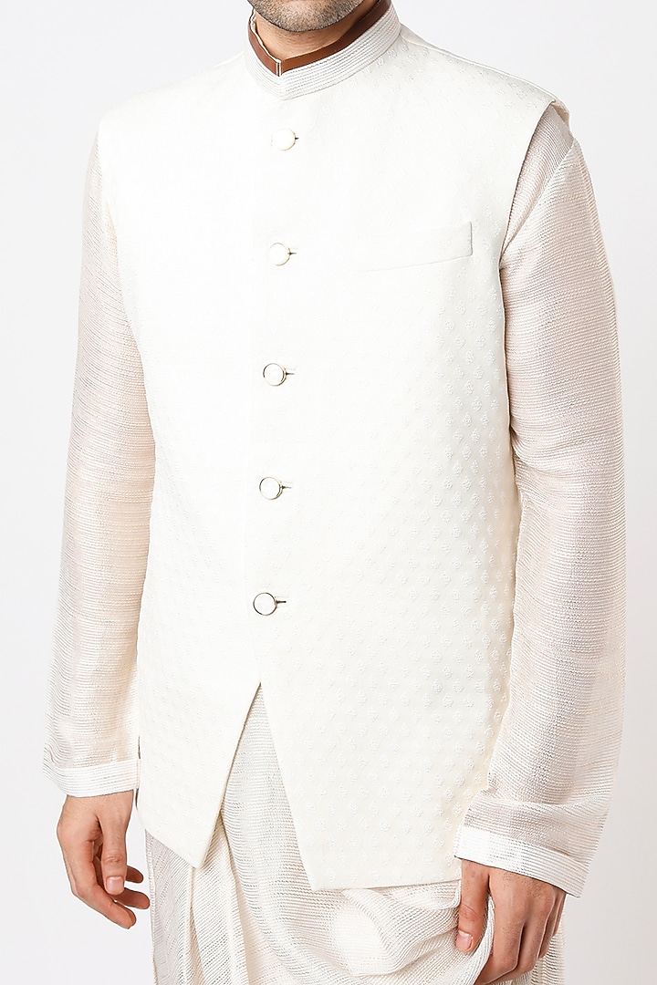 White Cowl Kurta Set With Bundi Jacket by Qbik Men at Pernia's Pop Up Shop