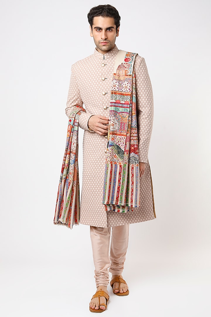 Blush Pink Viscose Wool Wedding Sherwani Set by Qbik Men at Pernia's Pop Up Shop