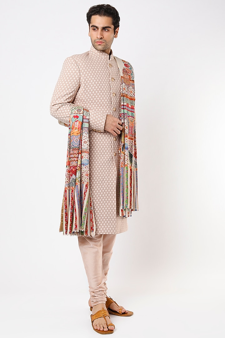 Blush Pink Viscose Wool Wedding Sherwani Set by Qbik Men at Pernia's Pop Up Shop