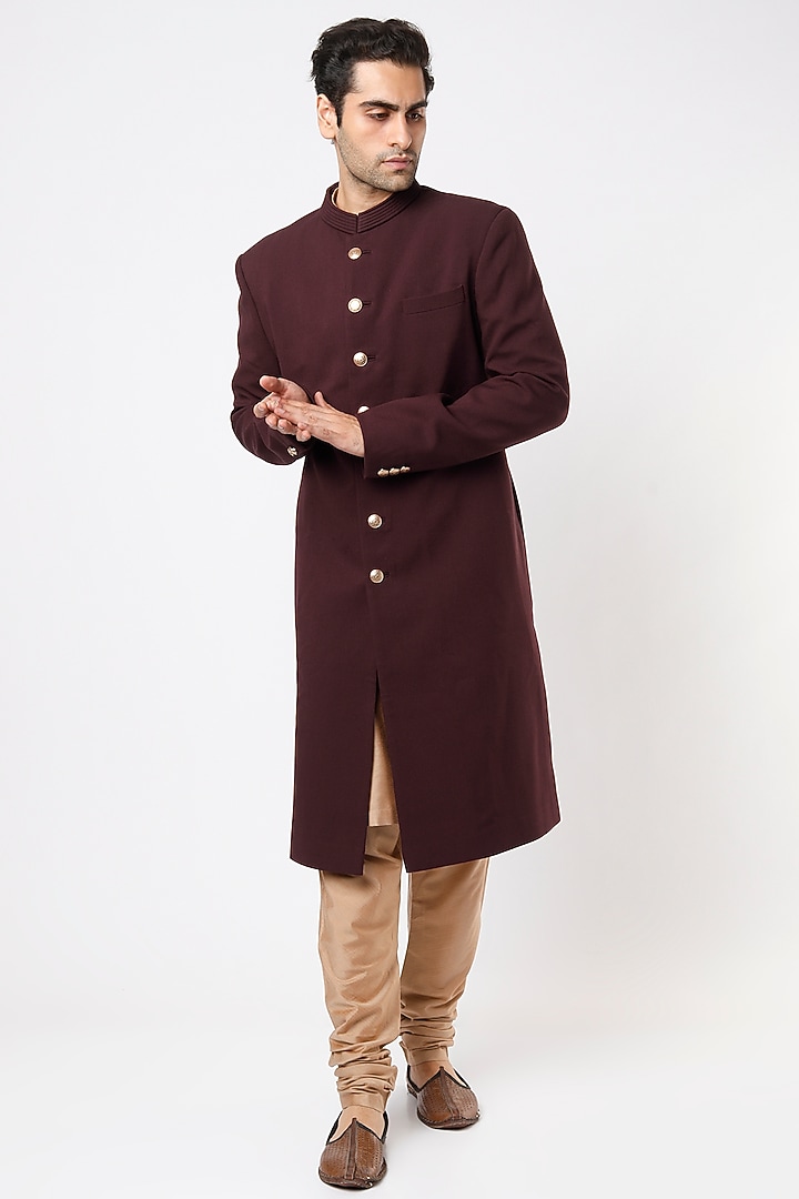Wine Viscose Wool Wedding Sherwani Set by Qbik Men at Pernia's Pop Up Shop
