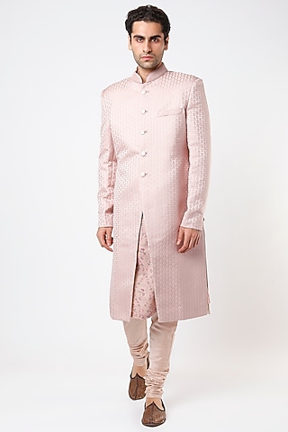 Blush Pink Viscose Wool Sherwani Set by Qbik Men