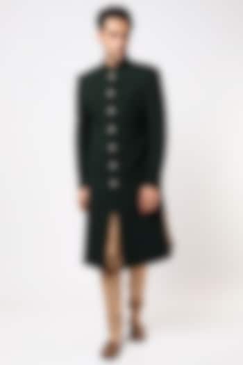 Bottle Green Viscose Wool Wedding Sherwani Set by Qbik Men at Pernia's Pop Up Shop