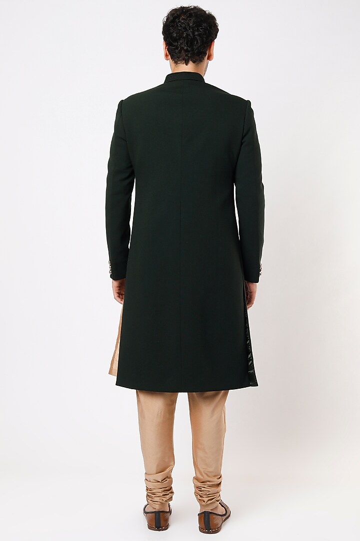 Bottle Green Viscose Wool Wedding Sherwani Set by Qbik Men at Pernia's Pop Up Shop