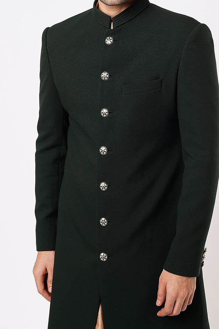 Bottle Green Viscose Wool Wedding Sherwani Set by Qbik Men at Pernia's Pop Up Shop