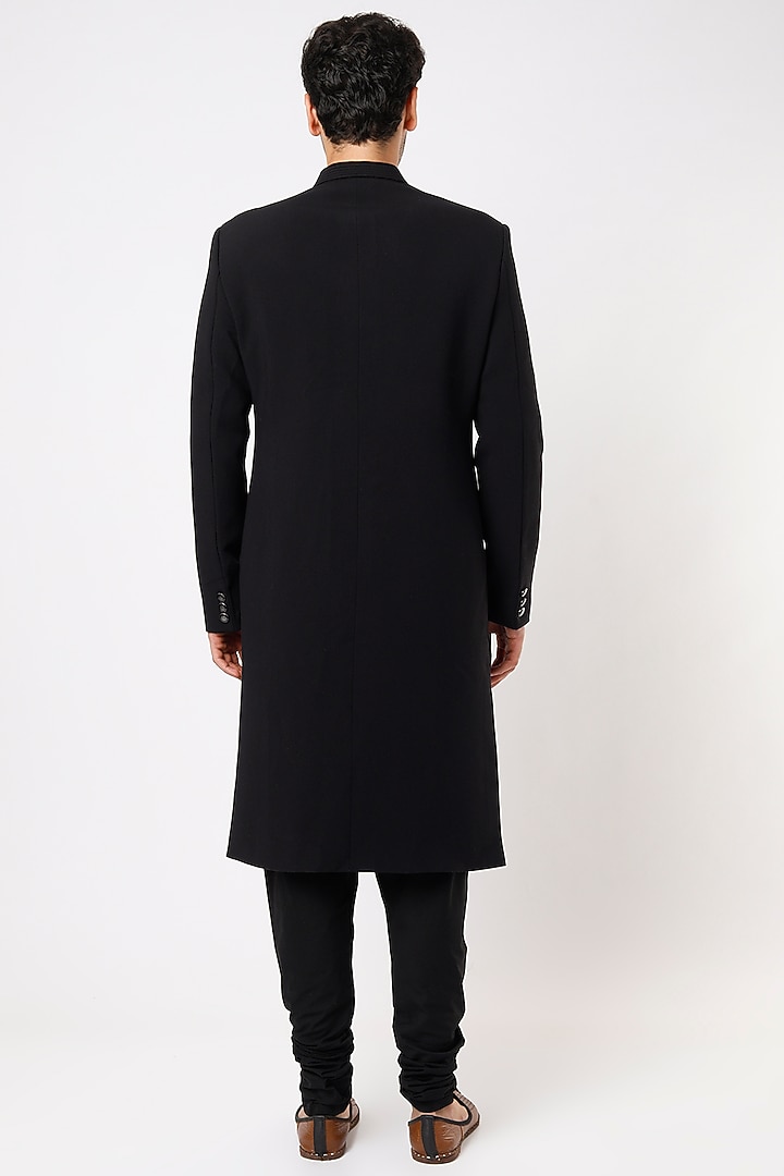 Black Viscose Wool Wedding Sherwani Set by Qbik Men at Pernia's Pop Up Shop