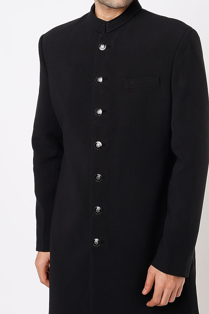 Black Viscose Wool Wedding Sherwani Set by Qbik Men at Pernia's Pop Up Shop