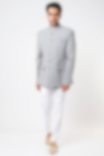 Sky Blue Viscose Wool Bandhgala Set by Qbik Men