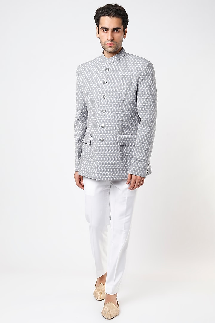 Sky Blue Viscose Wool Bandhgala Set by Qbik Men