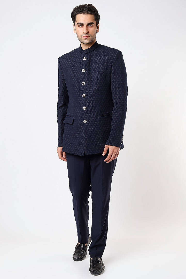 Midnight Blue Viscose Wool Wedding Bandhgala Set by Qbik Men at Pernia's Pop Up Shop
