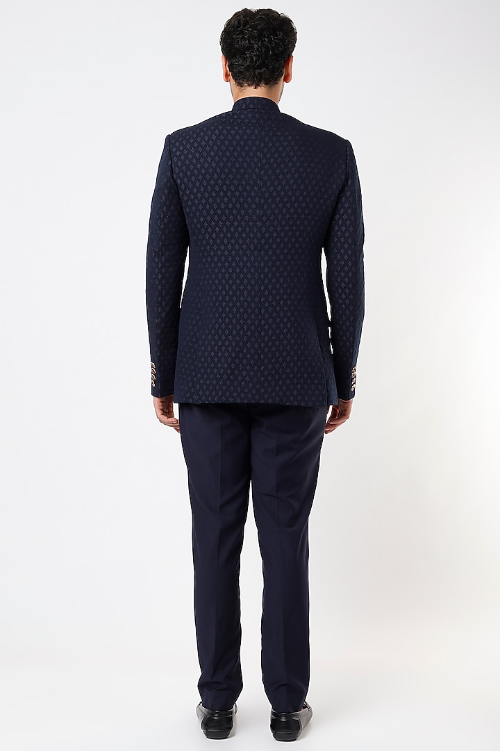 Midnight Blue Viscose Wool Wedding Bandhgala Set by Qbik Men at Pernia's Pop Up Shop