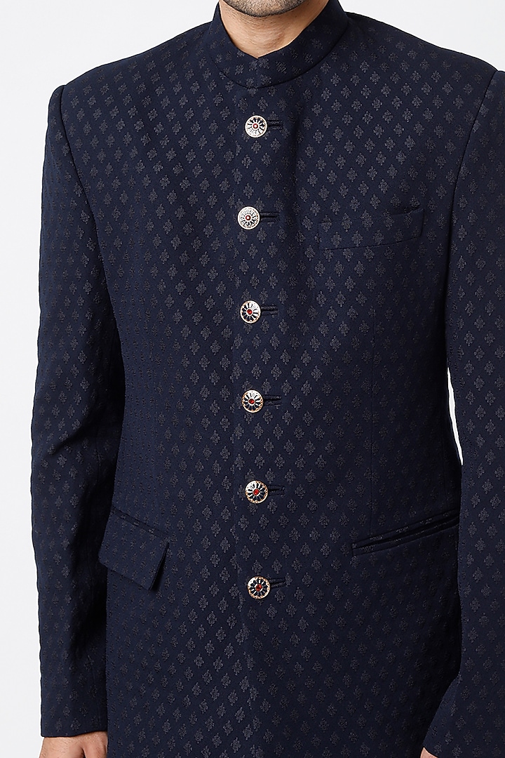 Midnight Blue Viscose Wool Wedding Bandhgala Set by Qbik Men at Pernia's Pop Up Shop