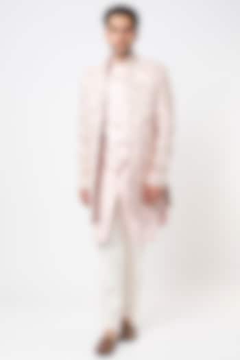 Blush Pink Viscose Wool Indo-Western Jacket Set by Qbik Men