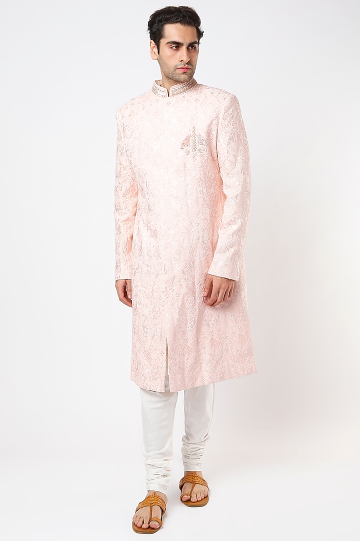 Blush Pink Georgette Groom Sherwani Set by Qbik Men at Pernia's Pop Up Shop