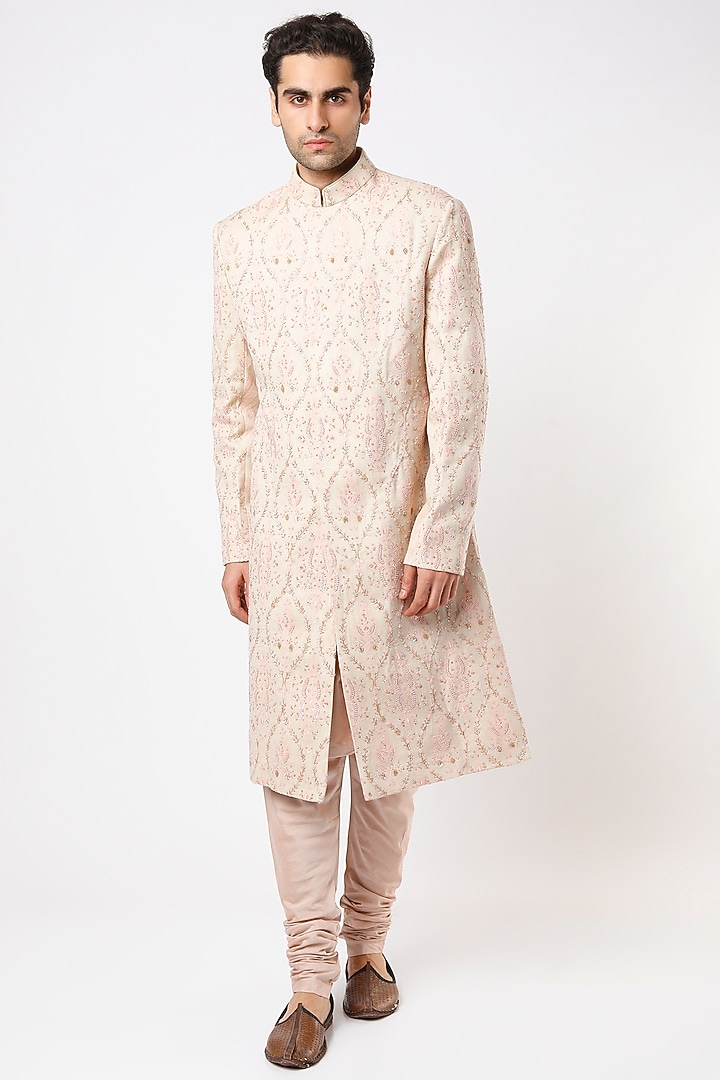 Beige Wool Groom Sherwani Set by Qbik Men at Pernia's Pop Up Shop