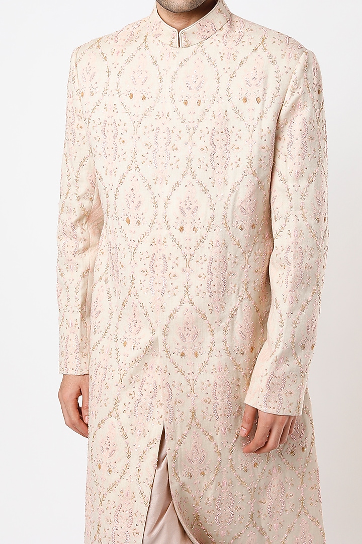 Beige Wool Groom Sherwani Set by Qbik Men at Pernia's Pop Up Shop