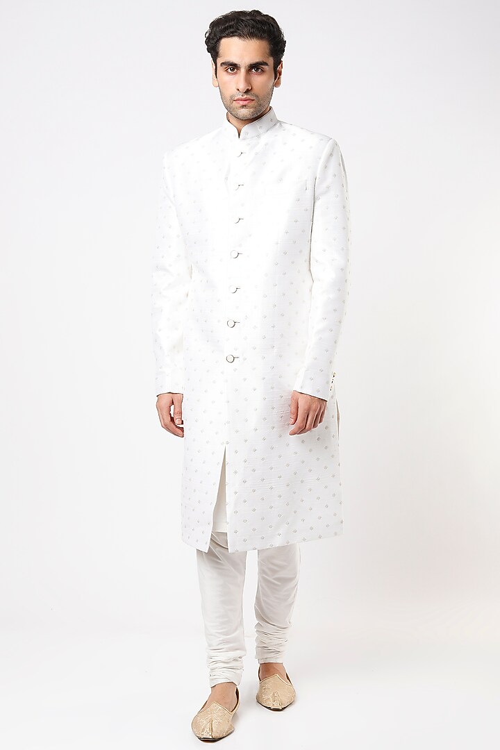 White Raw Silk Wedding Sherwani Set by Qbik Men at Pernia's Pop Up Shop
