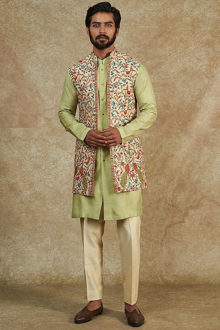 Cream Kashmiri Embroidered Bundi Jacket With Kurta Set by Qbik Men