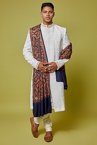 Navy Blue Wool Embroidered Stole by Qbik Men