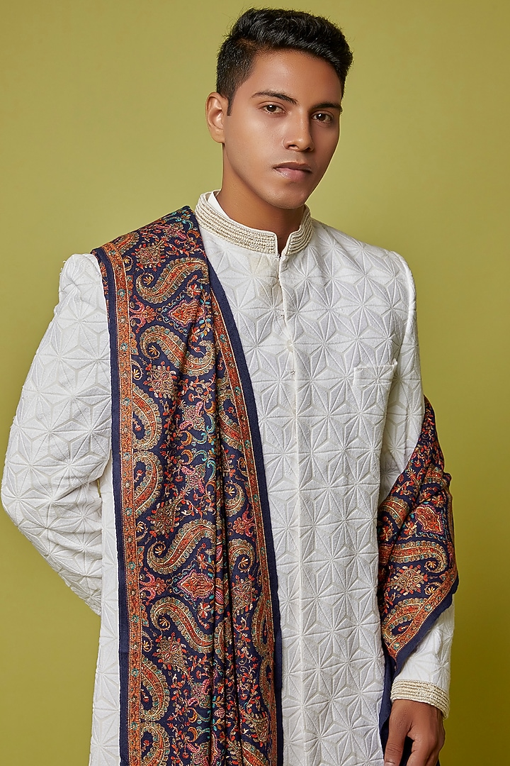 Navy Blue Wool Embroidered Stole by Qbik Men at Pernia's Pop Up Shop