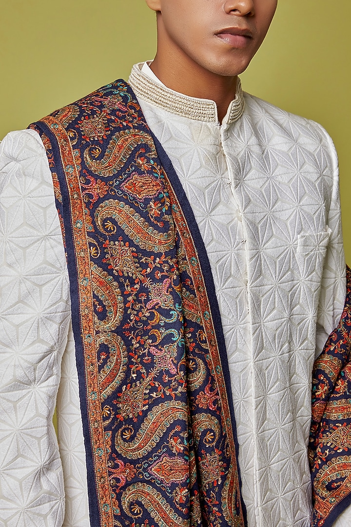 Navy Blue Wool Embroidered Stole by Qbik Men at Pernia's Pop Up Shop