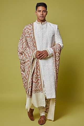 Off-White Wool Embroidered Stole by Qbik Men