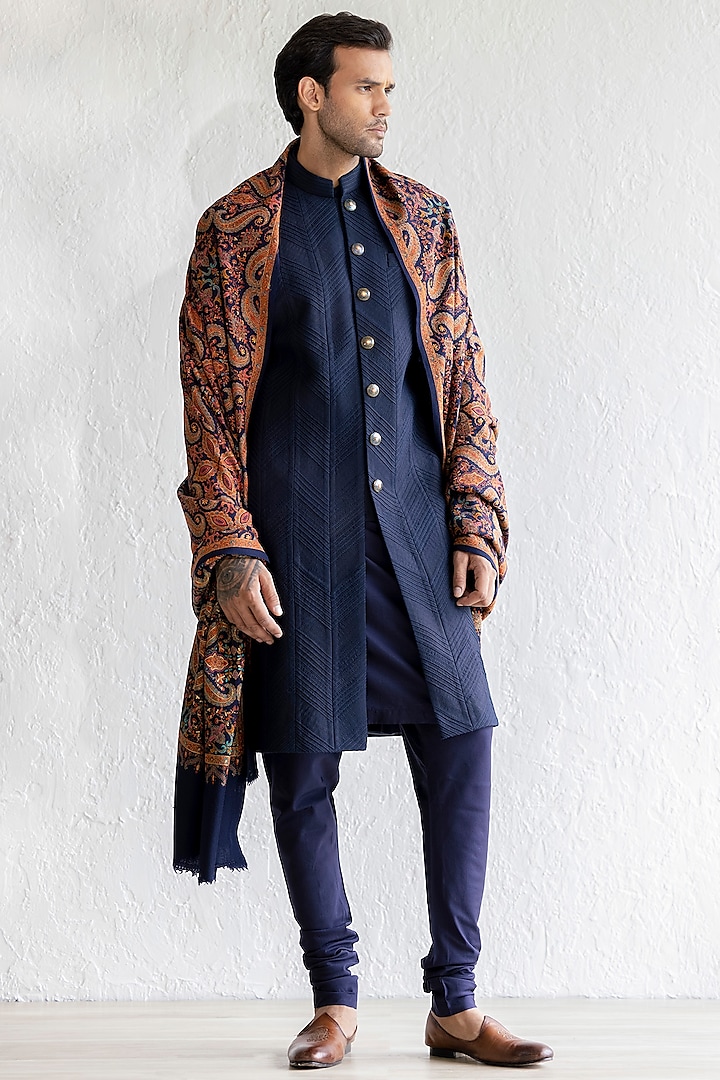 Navy Textured Silk Groom Sherwani Set by Qbik Men at Pernia's Pop Up Shop