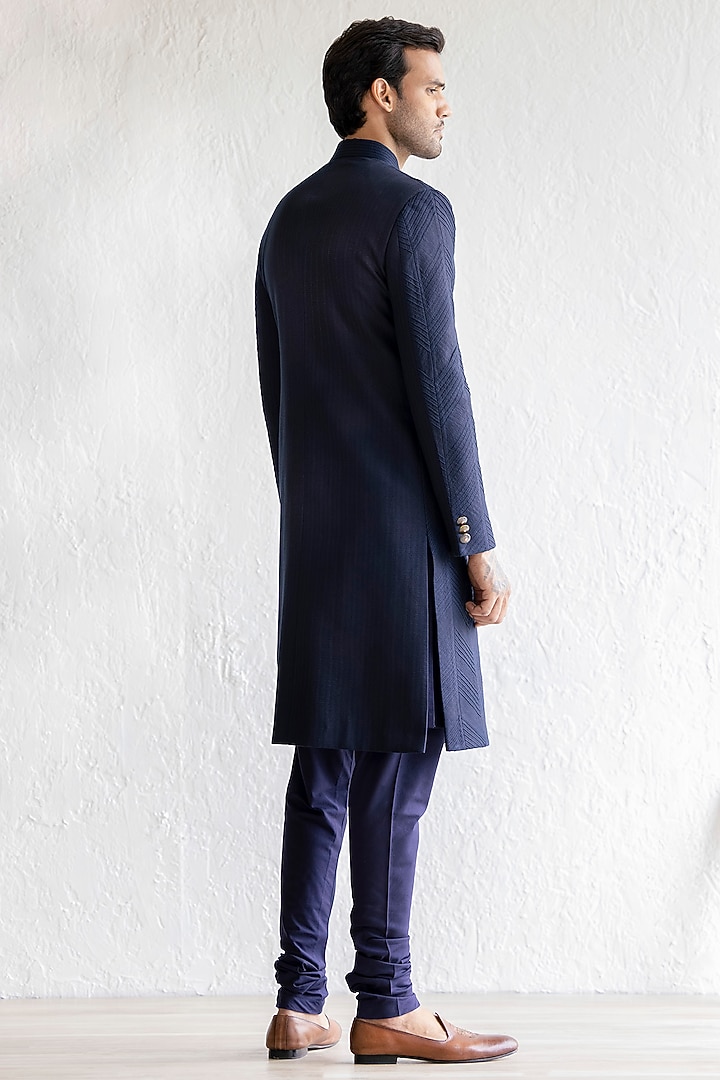 Navy Textured Silk Groom Sherwani Set by Qbik Men at Pernia's Pop Up Shop