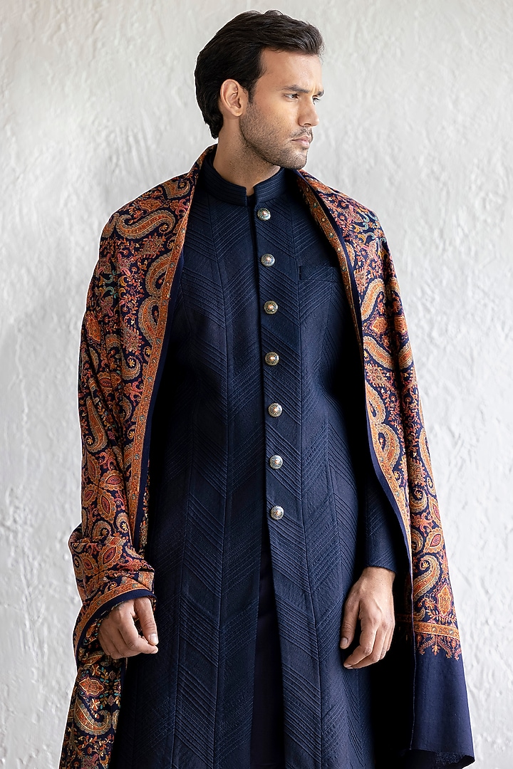 Navy Textured Silk Groom Sherwani Set by Qbik Men at Pernia's Pop Up Shop
