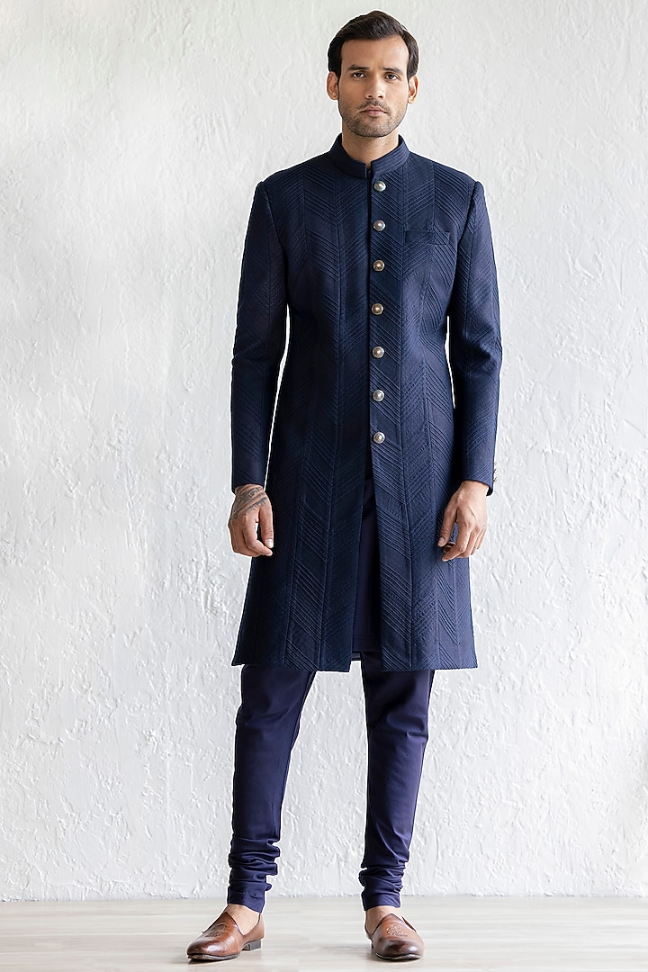 Navy Textured Silk Groom Sherwani Set by Qbik Men at Pernia's Pop Up Shop