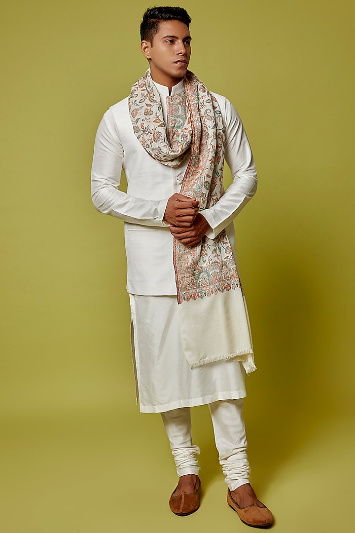 White Matka Cotton Bundi Jacket With Kurta Set by Qbik Men