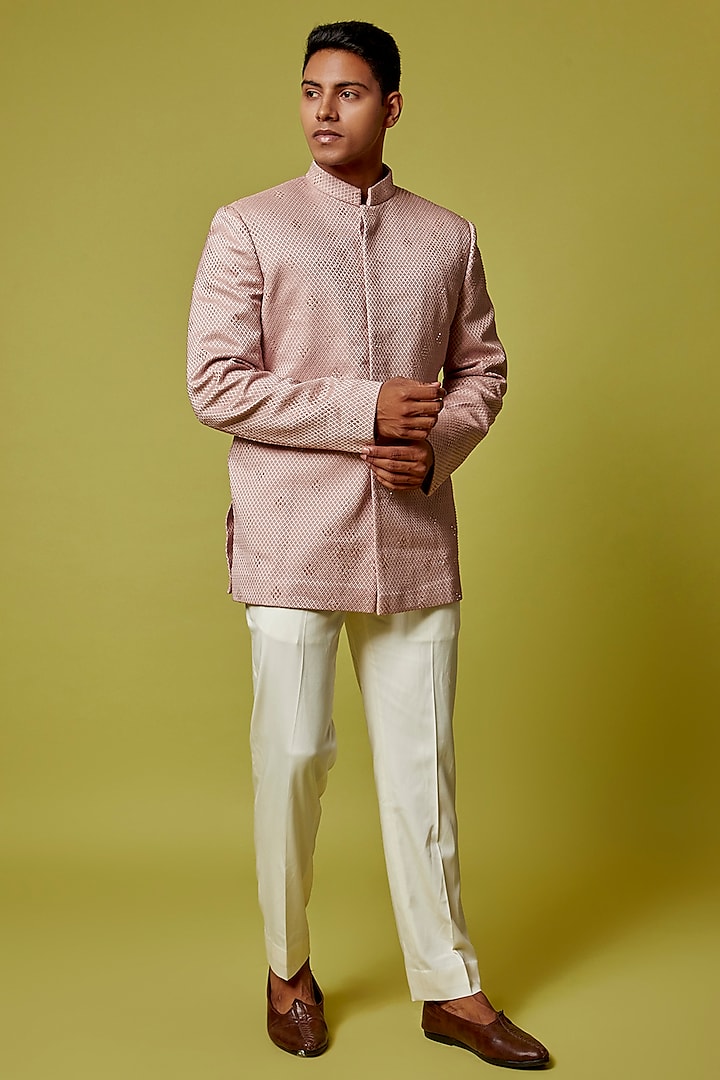 Pink Jacquard Bandhgala Set by Qbik Men
