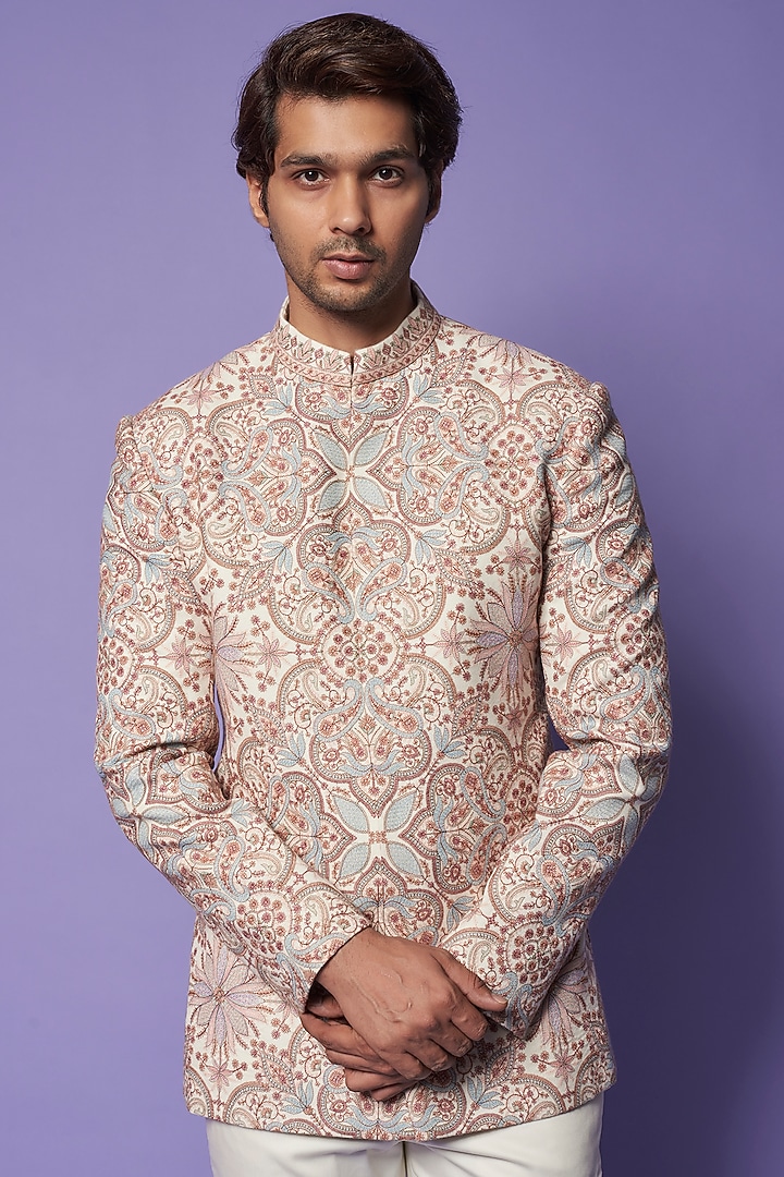 Ivory Kashmiri Embroidered Wedding Bandhgala Set by Qbik Men at Pernia's Pop Up Shop