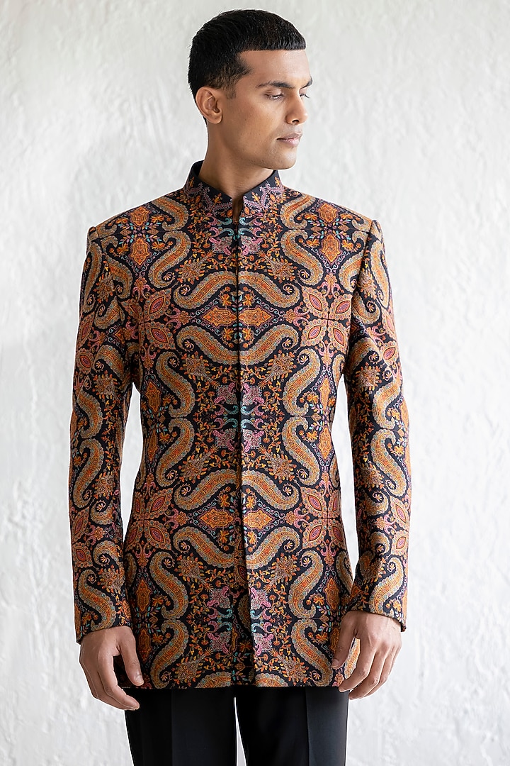 Black Kashmiri Embroidered Groom Bandhgala Set by Qbik Men at Pernia's Pop Up Shop
