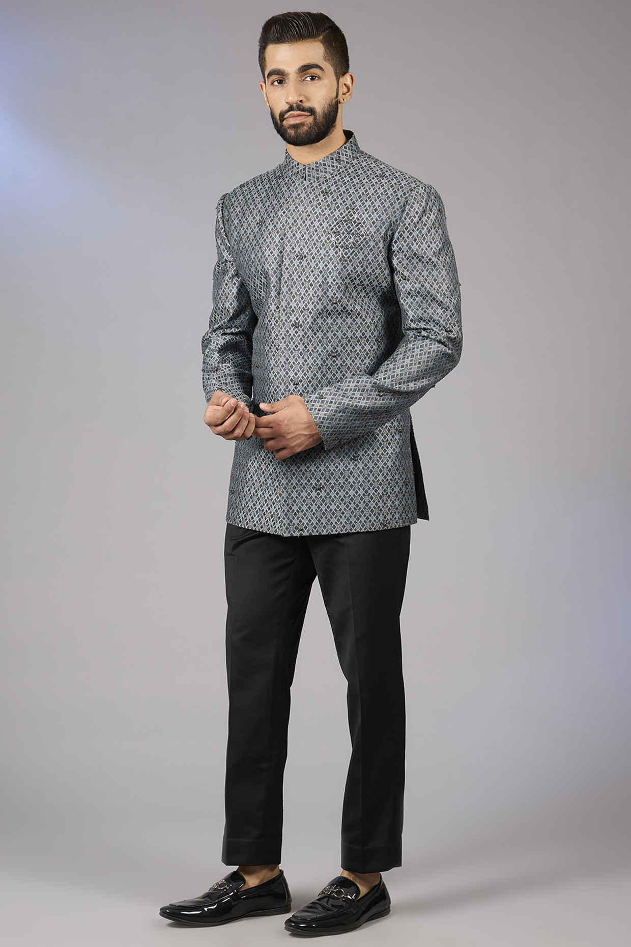 Navy Blue Raw Silk Zari Embroidered Bandhgala Set by Qbik Men