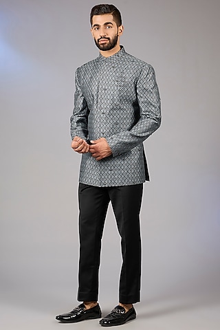 Navy Blue Raw Silk Zari Embroidered Bandhgala Set by Qbik Men