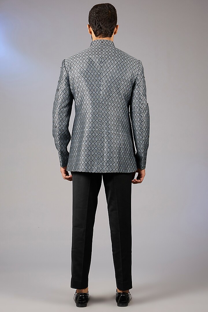 Navy Blue Raw Silk Zari Embroidered Wedding Bandhgala Set by Qbik Men at Pernia's Pop Up Shop