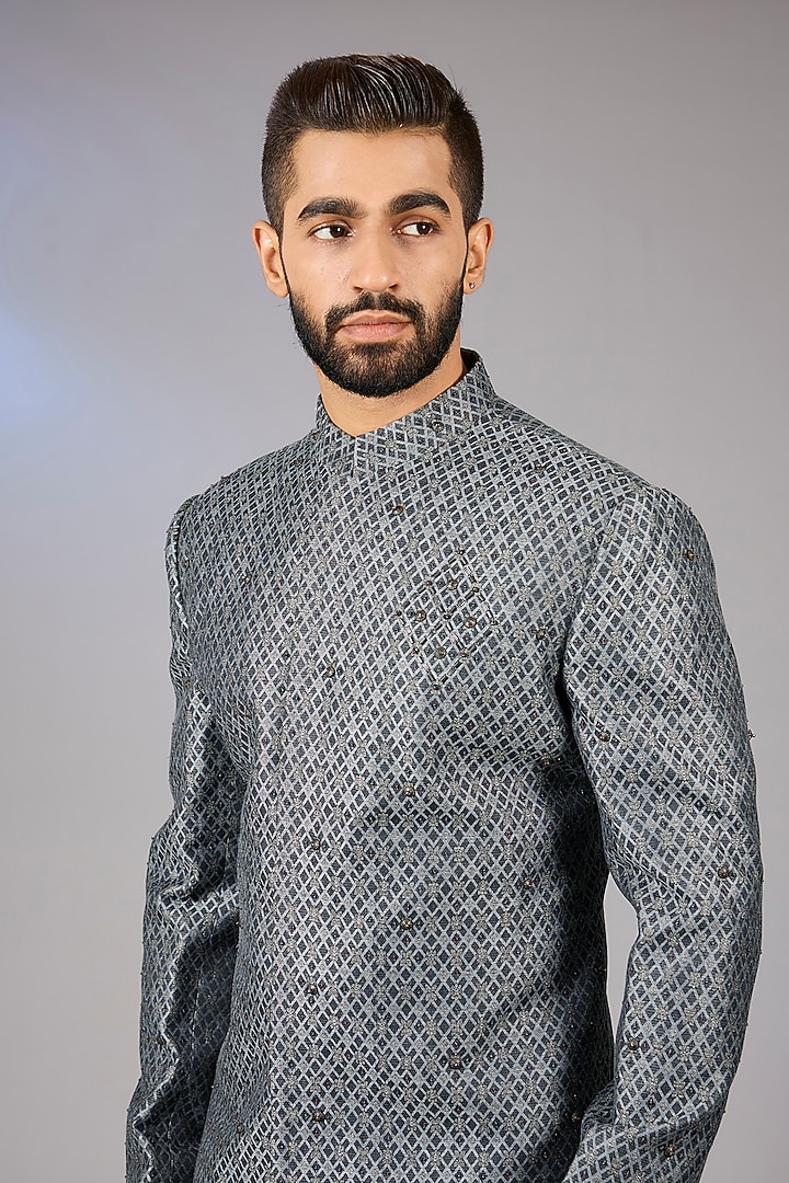 Navy Blue Raw Silk Zari Embroidered Wedding Bandhgala Set by Qbik Men at Pernia's Pop Up Shop