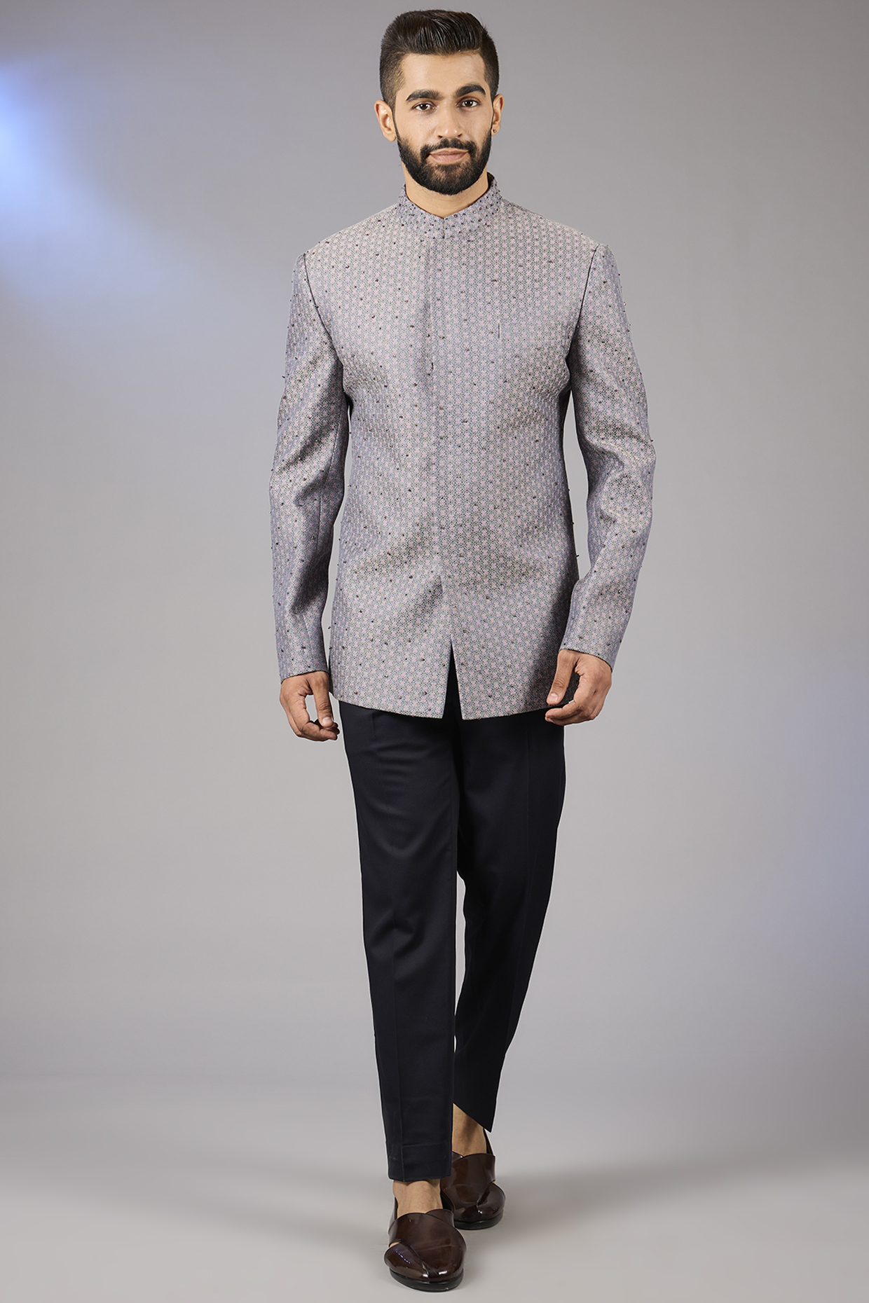 Lavender Raw Silk Zari Embroidered Bandhgala Set by Qbik Men