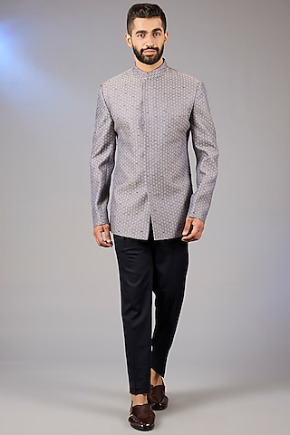 Lavender Raw Silk Zari Embroidered Bandhgala Set by Qbik Men