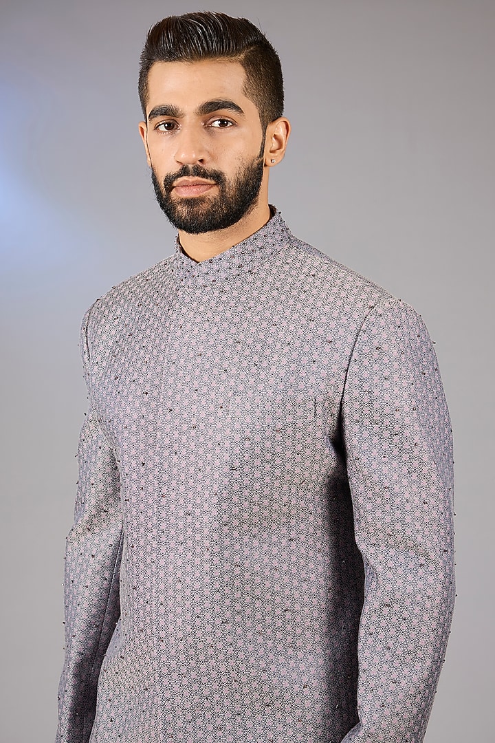 Lavender Raw Silk Zari Embroidered Groom Bandhgala Set by Qbik Men at Pernia's Pop Up Shop