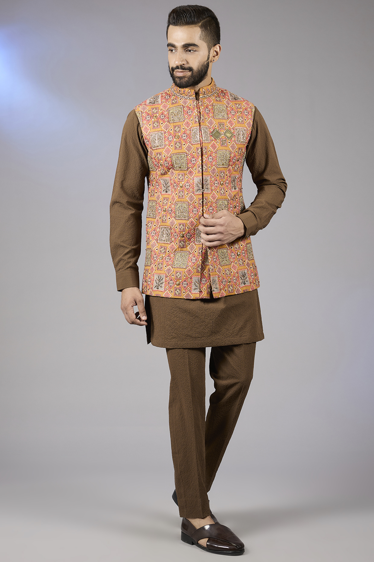Mustard Raw Silk Zari Embroidered Bundi Jacket Set by Qbik Men