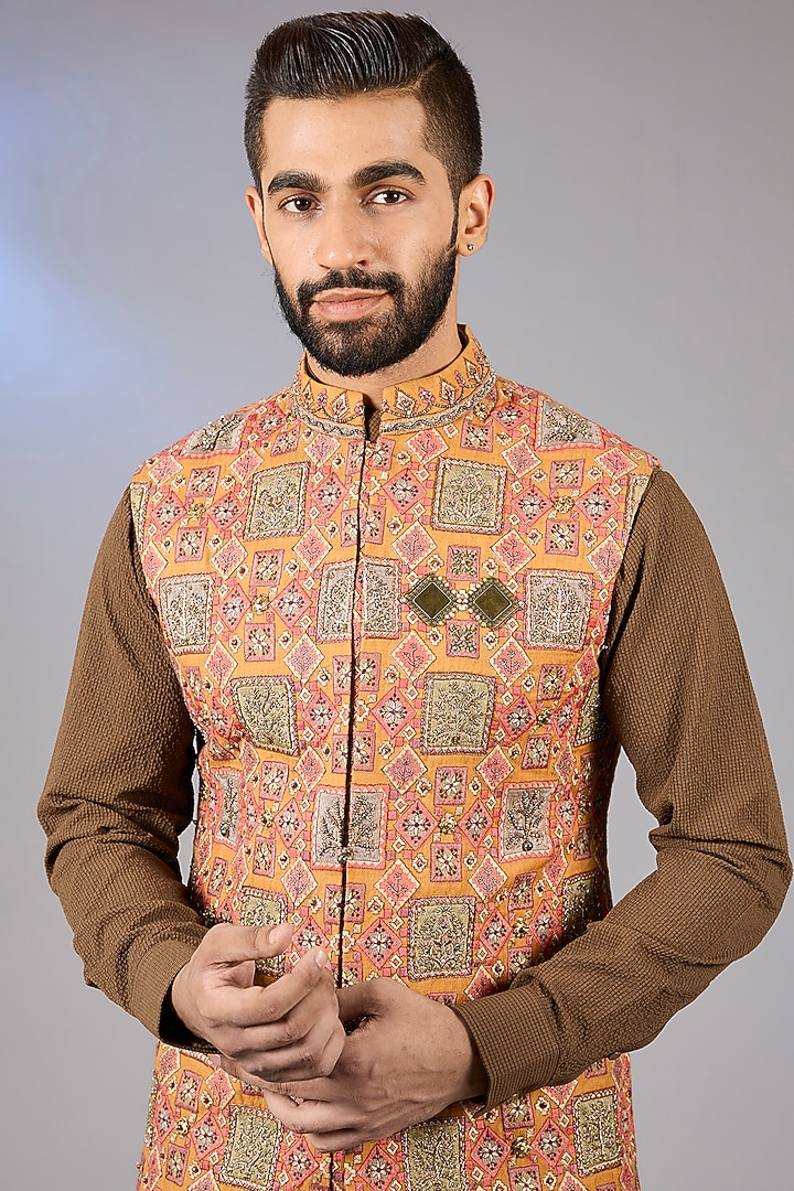 Mustard Raw Silk Zari Embroidered Bundi Jacket Set by Qbik Men at Pernia's Pop Up Shop
