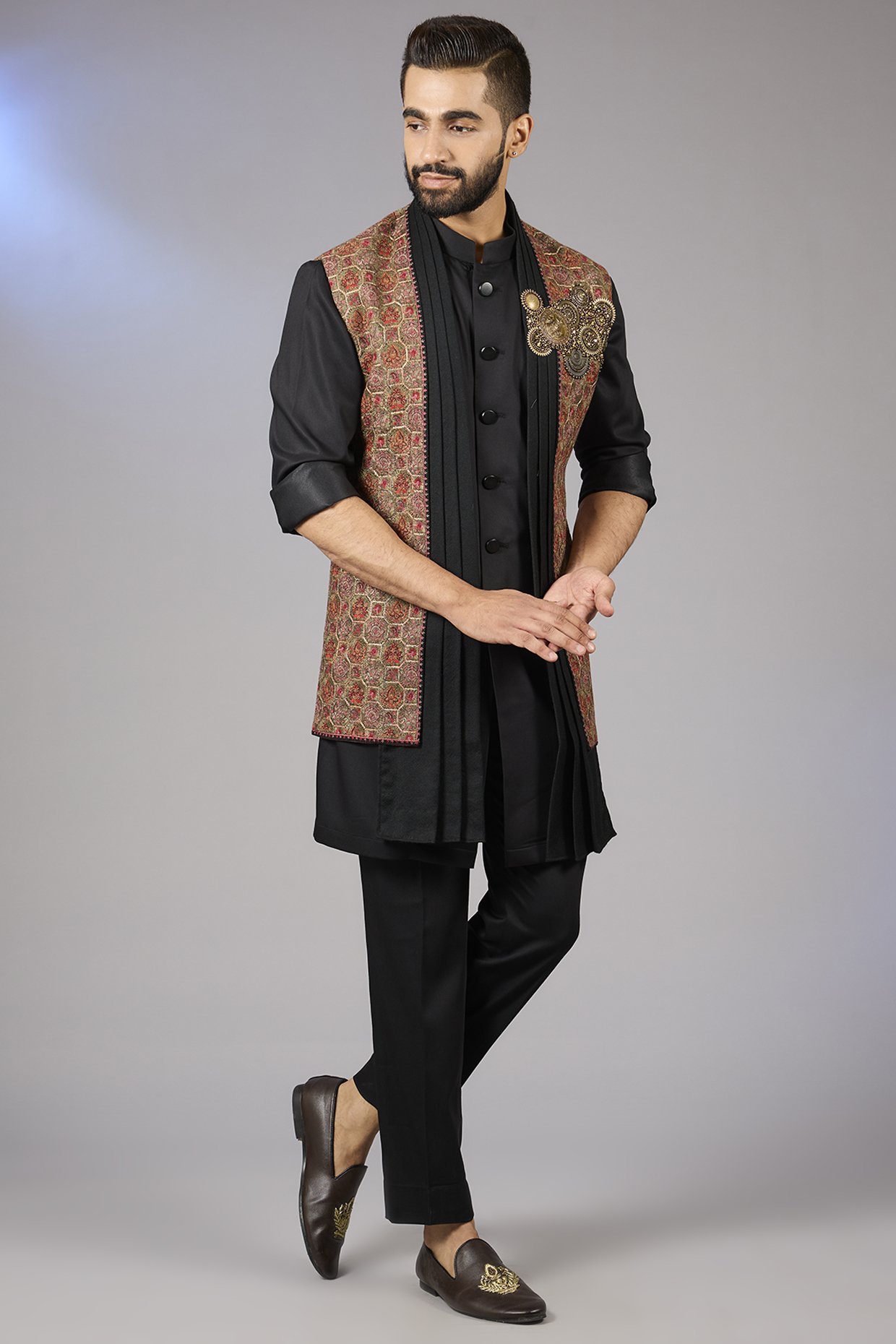 Black Pashmina Silk Kashmiri Embroidered Indowestern Set by Qbik Men