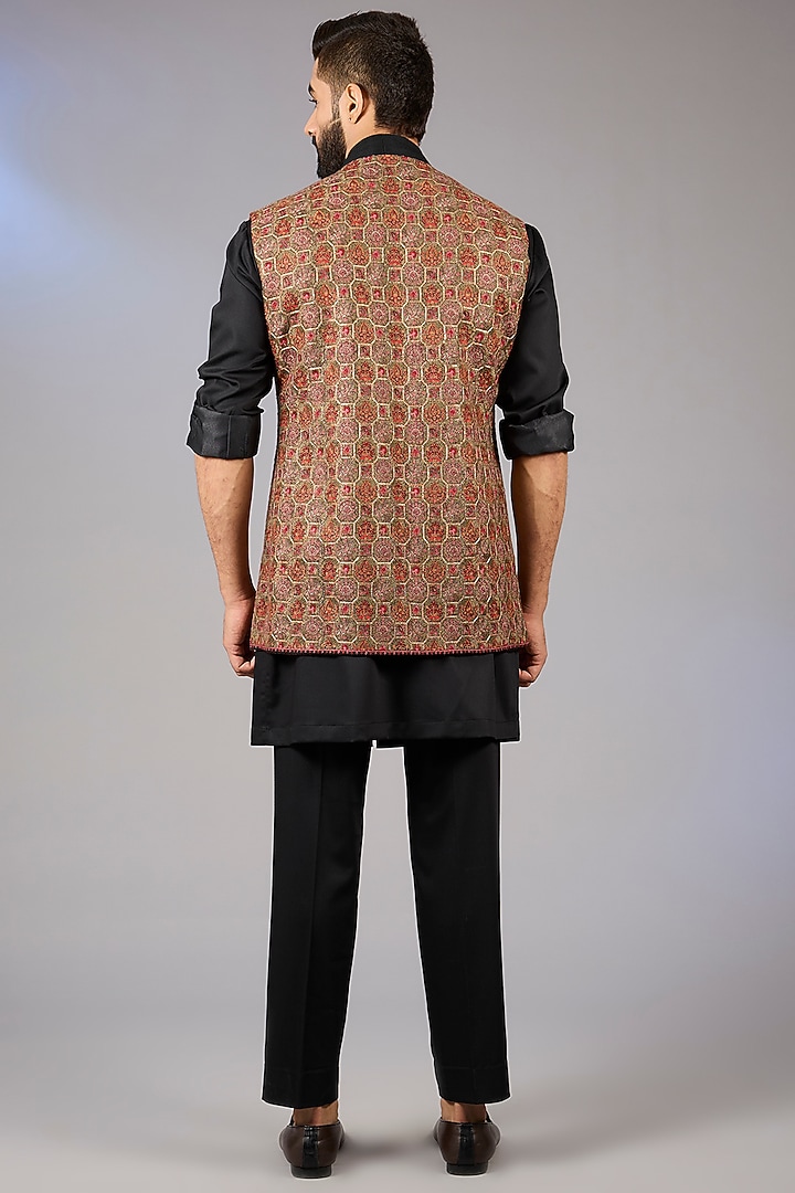 Black Pashmina Silk Kashmiri Embroidered Groom Indowestern Set by Qbik Men at Pernia's Pop Up Shop