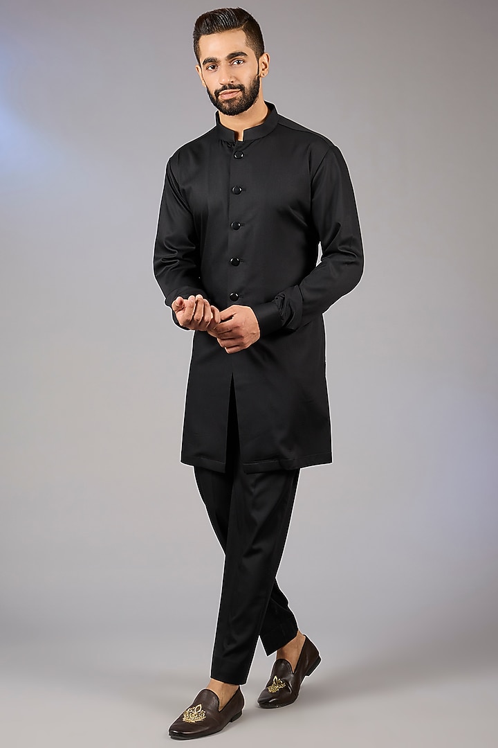 Black Pashmina Silk Kashmiri Embroidered Groom Indowestern Set by Qbik Men at Pernia's Pop Up Shop